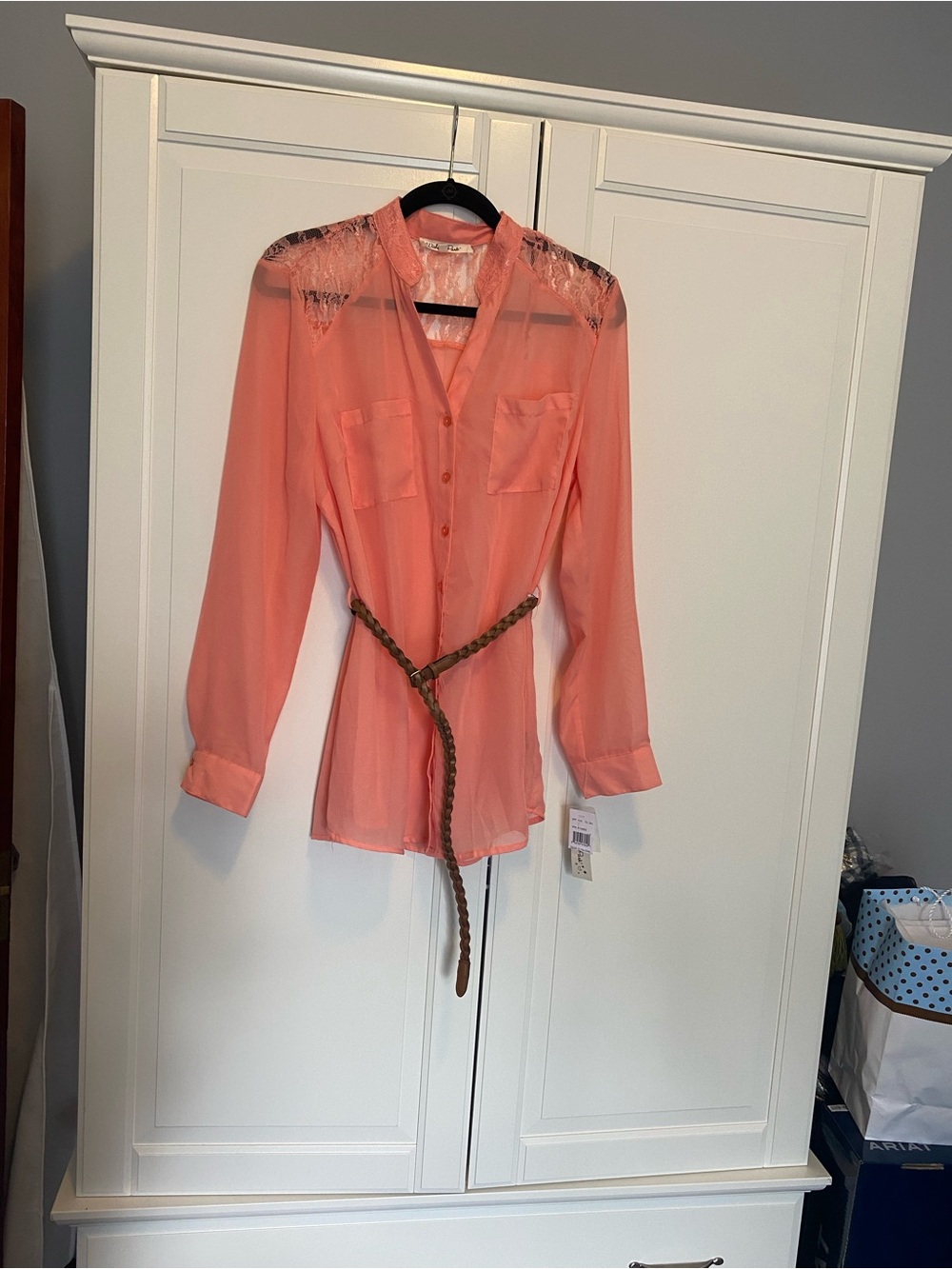Wishful Park Coral Sheer Button-Down Blouse with Lace Yoke